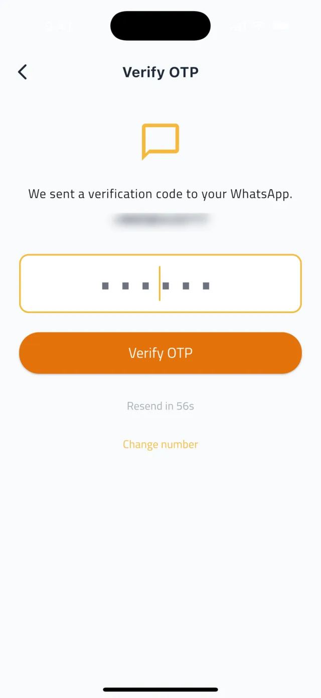 Register and get verified as a driver — Enter the WhatsApp code