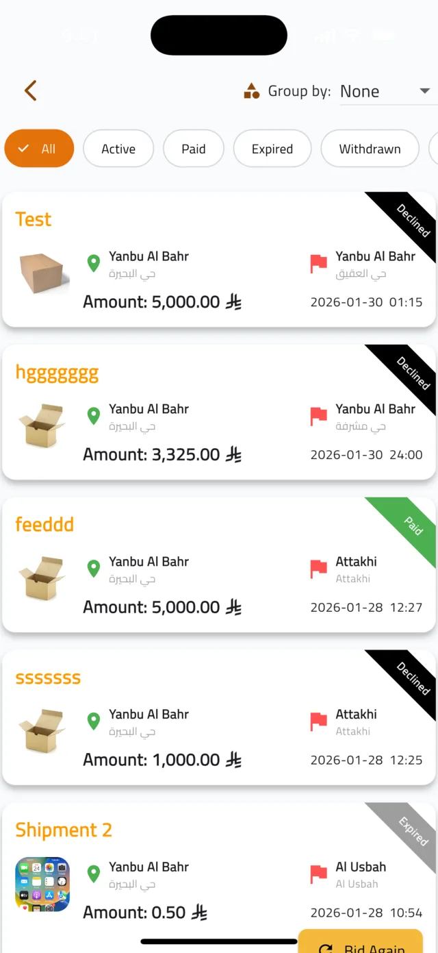 Find shipments and place a bid β Track your bids