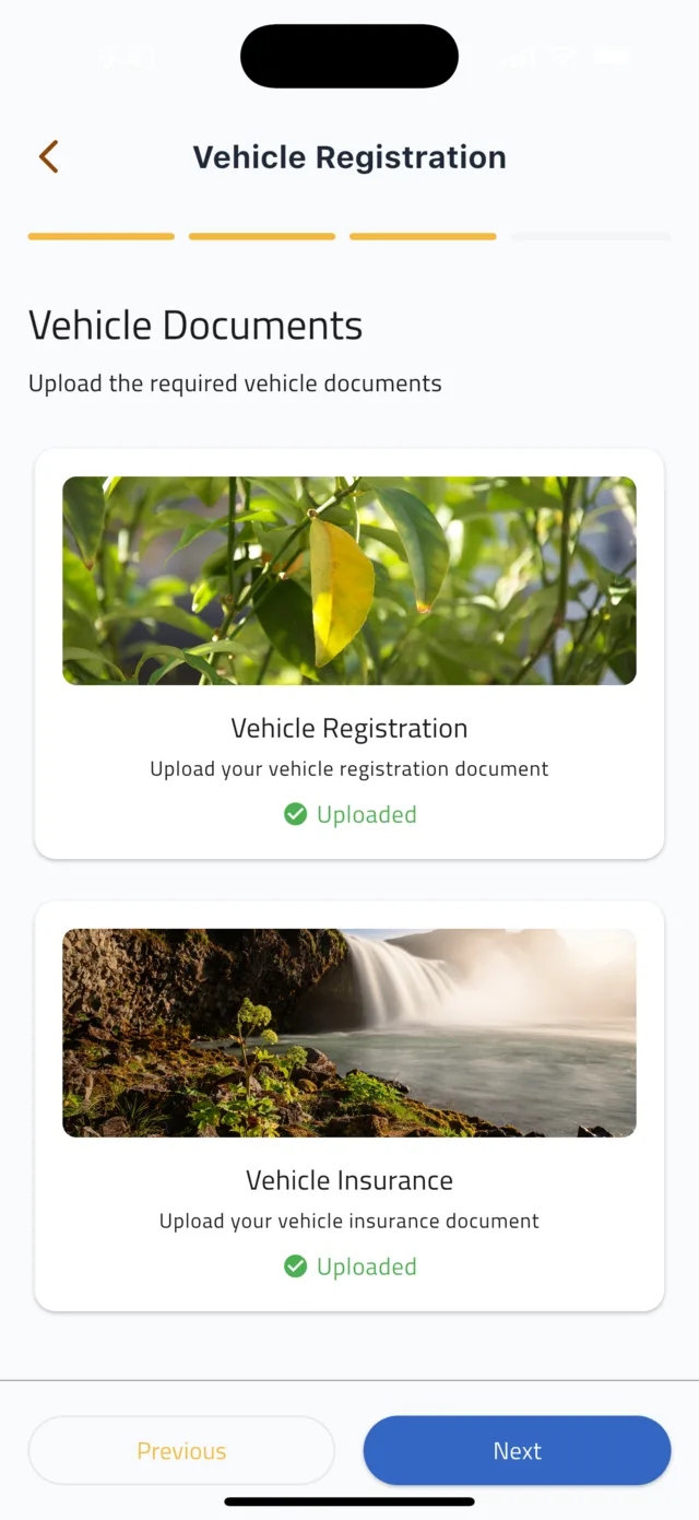 Register and get verified as a driver — Upload vehicle documents and submit