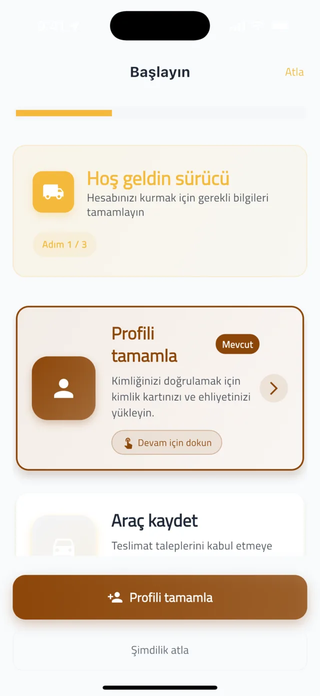 Sürücü olarak kayıt olun ve doğrulanın — Kurulum adımlarını izleyin