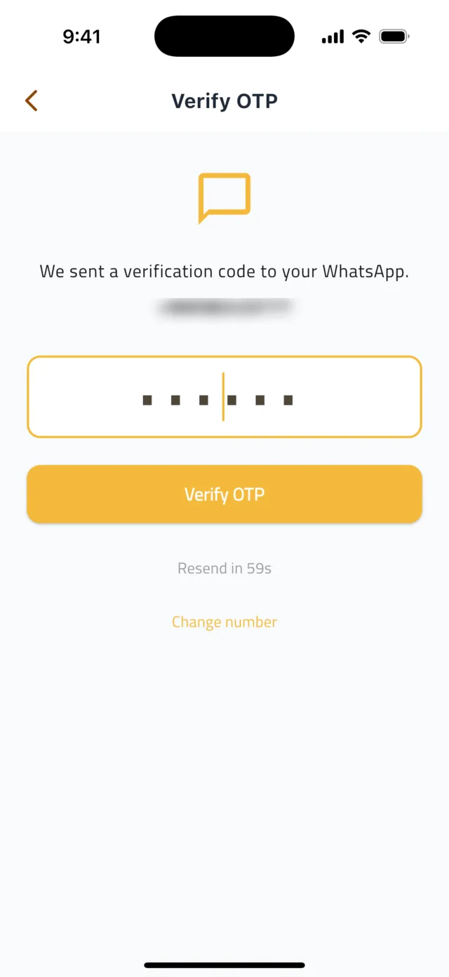 Create your shipper account — Enter the WhatsApp code