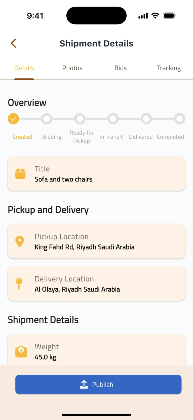 Post a shipment β Publish to receive bids